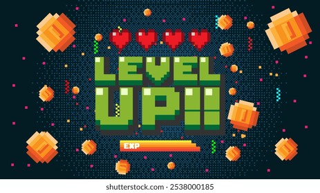 LEVEL UP text with gold coin ,with life hearts indicator on blue background.pixel art .8 bit game.retro game. for game assets in vector illustrations.	