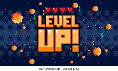 LEVEL UP text with gold coin ,with life hearts indicator on blue background.pixel art .8 bit game.retro game. for game assets in vector illustrations.	