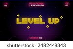 LEVEL UP !! text with gold on arcade background.pixel art .8 bit game.retro game. for game assets in vector illustrations.