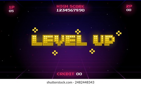 LEVEL UP !! texto con oro en el fondo arcade.pixel art .8 bit game.retro game. para los activos del juego en Ilustraciones vectoriales.