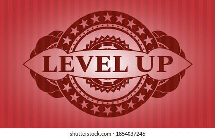Level-Up-Text in roter Farbe realistisches Badge. Bars, würdevoller Hintergrund. Künstlerische Illustration. 