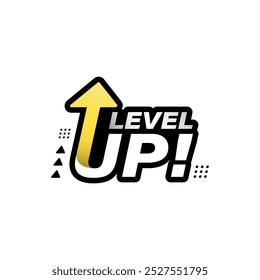 Level up text with modern ornament, golden arrow and silver gradient isolated on white background. Design for logo, icon, game, business, achievement, level up, celebrating. Vector illustration.