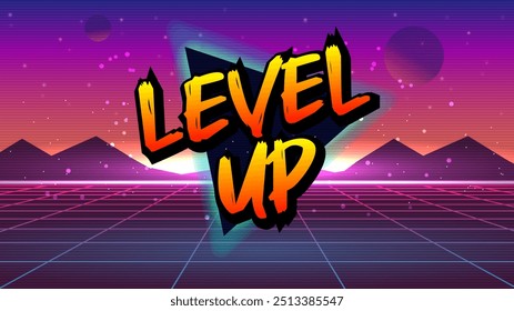 LEVEL UP !! text on pink blue background.pixel art .8 bit game.retro game. for game assets in vector illustrations.	