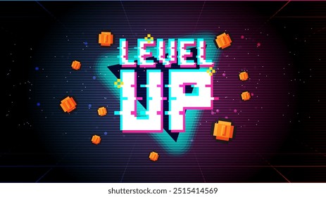 LEVEL UP !! text on pink blue background.pixel art .8 bit game.retro game. for game assets in vector illustrations.