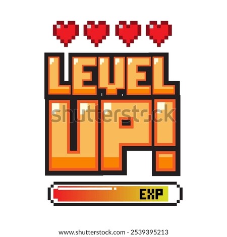 LEVEL UP !! text with red heart and EXP  on white background	