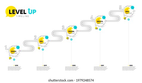 Level Up Timeline. Roadmap Journey 5 Steps. Research Idea, Growth Chart And Goal Target Icons. Presentation Timeline With Quote Speech Bubbles. Infographic Roadmap Diagram With 5 Steps Numbers. Vector