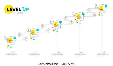 Level up timeline. Roadmap journey 5 steps. Research idea, growth chart and goal target icons. Presentation timeline with quote speech bubbles. Infographic roadmap diagram with 5 steps numbers. Vector
