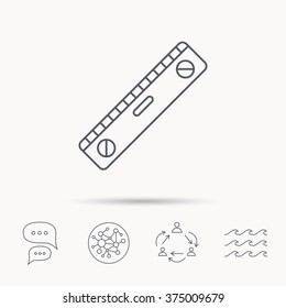 Level tool icon. Horizontal measurement sign. Global connect network, ocean wave and chat dialog icons. Teamwork symbol.