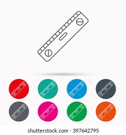 Level tool icon. Horizontal measurement sign. Linear icons in circles on white background.
