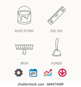 Level tool, plunger and brush tool icons. Bucket of paint linear sign. Calendar, Graph chart and Cogwheel signs. Download colored web icon. Vector