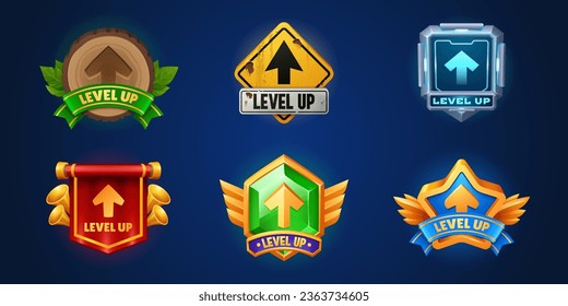 Level up ui badge icon vector reward button design. Award medal for casino bonus. Futuristic hud, grunge and royal achievement interface sign with arrow for app. Golden victory label illustration