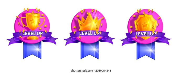 Level up UI game badge set, vector bonus rank reward icon kit, golden cup, royal crown, winner shield. Mobile app user interface rating achievement sticker purple ribbon. Level up game emblem on white