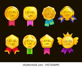 Level up ui game icons, casino bonus vector stars, golden labels with award ribbons. Medal for achievement, development reward, isolated cartoon trophy labels experience level up growth badges set