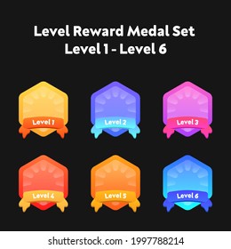 Level up ui game icons, casino bonus vector stars, golden labels with award ribbons. Medal for achievement, isolated cartoon trophy labels experience level up growth badges set. Level Medal Set Design
