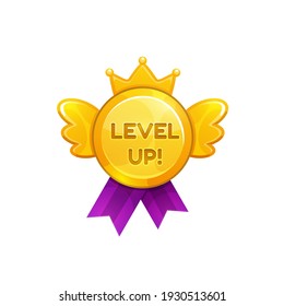 Level up ui or gui game medal on ribbon decorated by wings, crown isolated flat cartoon icon. Vector reward sticker for achievement, mobile application bonus, golden prize. Award, level complete sign