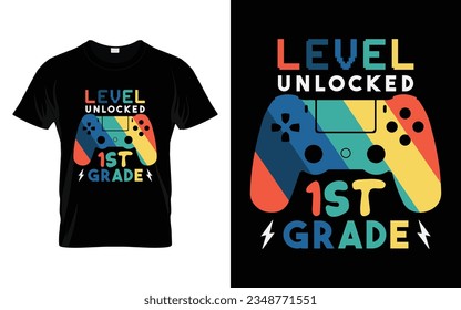 Stufe Unabgeschlossen 1. Stufe | Level Unlocking First Grade Zurück zu Schule Typografie T Shirt Design Vector Print Template. Willkommen zurück zum School T-Shirt Design. Mein erster Schultag.