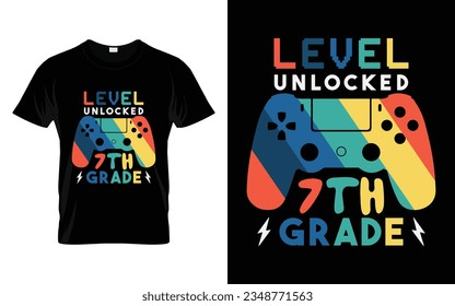 Stufe unverschlossen 7. Stufe | Level Unlock Siebte Klasse Zurück zur Schule Typografie T Shirt Design Vector Print Template. Willkommen zurück zum School T-Shirt Design. Mein erster Schultag.