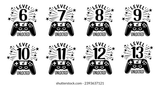 Level unlocked kid birthday t-shirt print set. Gamepad joystick with child age from 6 to 13 years. Hand drawn vector illustration.