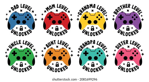 Level Unlocked. Set of Vector Game Controllers. Gamer Designs. T-Shirt Ideas For A Family