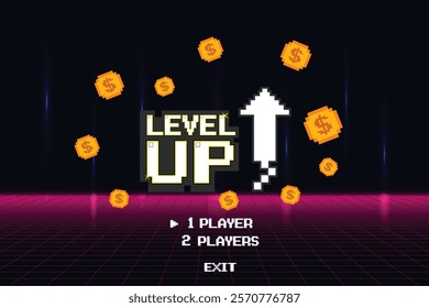 LEVEL UP. 1 player. pixel art .8 bit game. retro game. for game assets in vector illustrations.