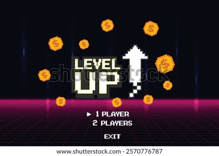 LEVEL UP. 1 player. pixel art .8 bit game. retro game. for game assets in vector illustrations.