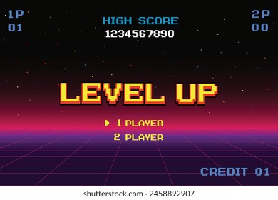 LEVEL UP. 1 player. Synth wave wireframe net illustration. pixel art .8 bit game. retro game. for game assets .Retro Futurism Sci-Fi Background. glowing neon grid. and stars.