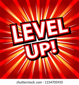 Level up! Comic cartoon book style. Vector illustration.