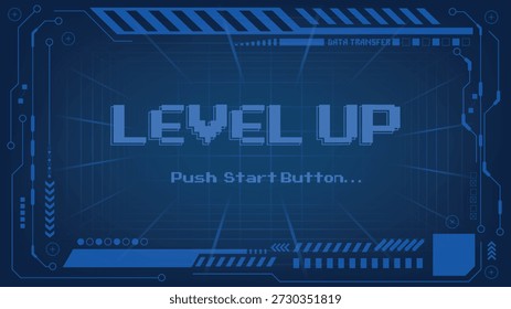 LEVEL UP. digital art  for game assets.Retro Futurism Sci-Fi Background. glowing neon grid from vintage arcade computer games