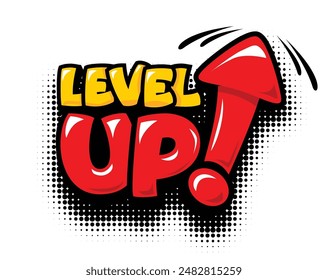 Level Up. Editable cartoon text effect with arrow. Vector  template on transparent background