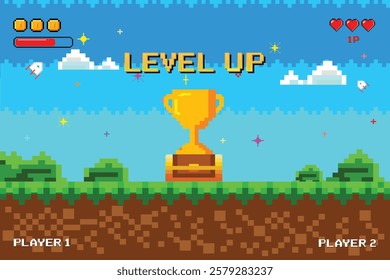 Level up. and gold trophy on treasure chest. Pixel game with screen. Retro 8 bit video game interface natural landscape with blue sky, trees and green grass. Pixelated 8 bit video-game.