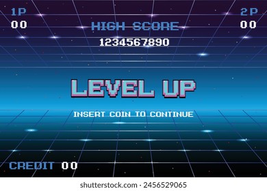 LEVEL UP. insert coin to continue. Synthwave wireframe net illustration. pixel art .8 bit game. retro game. for game assets .Retro Futurism Sci-Fi Background. glowing neon grid. and stars.