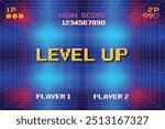 LEVEL UP. pixel art .8 bit game. retro video game. for game assets.