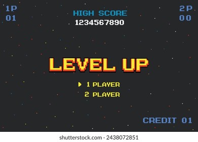 LEVEL UP. pixel art juego de .8 bits. juego retro. para activos de juego en ilustraciones vectoriales.	
