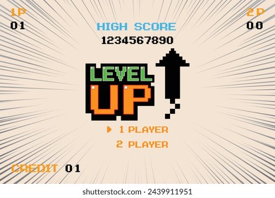 LEVEL UP. pixel art .8 bit game. retro game. for game assets in vector illustrations.