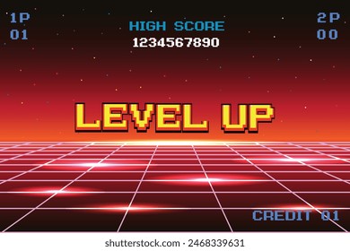 LEVEL UP. pixel art .8 bit game. retro game. for game assets in vector illustrations.