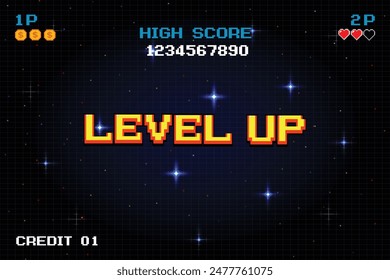 LEVEL UP. pixel art .8 bit game. retro game. for game assets in vector illustrations.