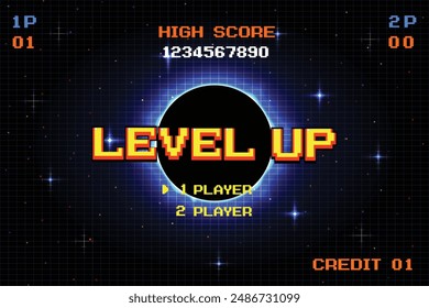 LEVEL UP. pixel art .8 bit game. retro video game. for game assets. vector illustration.