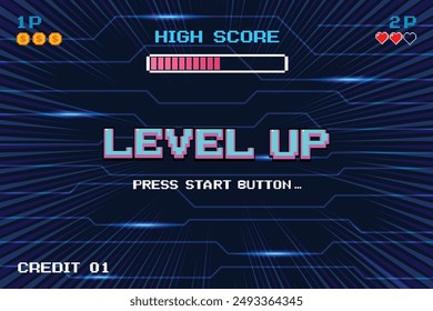 LEVEL UP. pixel art .8 bit game. retro video game. for game assets in vector illustrations.