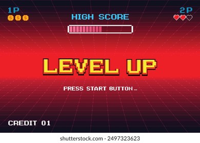 VIDEO LEVEL UP. pixel art. juego de 8 bits. juego retro. para activos de juego. Ilustración vectorial.