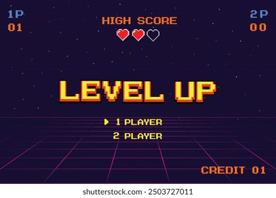 NIVEAU SUPÉRIEUR. pixel art .8 bit jeu. jeu de Vidéo rétro. Arrière-Plan Futurisme Rétro Sci-Fi. grille au néon incandescent. et des étoiles de jeux d'arcade vintage