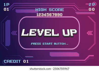 VIDEO LEVEL UP. pixel art. juego de 8 bits. juego retro. para activos de juego, diseño de fondo de tecnología de circuitos. UI HUD