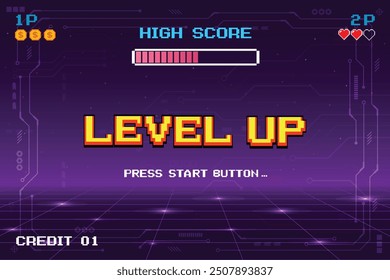 LEVEL UP. pixel art .8 bit game. retro video game. for game assets.	
Retro Futurism Sci-Fi Background. glowing neon grid and star from vintage arcade computer games