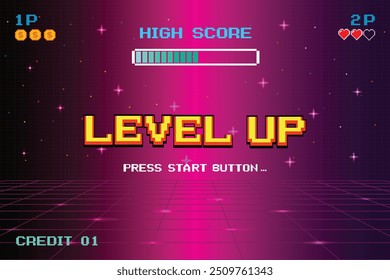 VIDEO LEVEL UP. pixel art. juego de 8 bits. juego retro para activos de juego en Ilustraciones vectoriales.