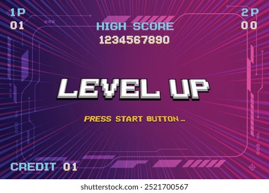LEVEL UP. pixel art .8 bit game. retro video game. for game assets, circuit technology background design. UI HUD