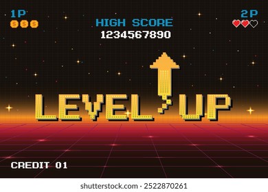 LEVEL UP. pixel art .8 bit game. retro video game. Retro Futurism Sci-Fi Background. glowing neon grid and stars.