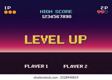 VIDEO LEVEL UP. pixel art. juego de 8 bits. juego retro. para activos de juego.	 Fondo de ciencia ficción de futurismo retro. rejilla de neón brillante. y estrellas de la Muestra gratis arcade vintage