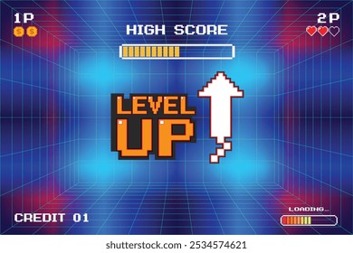 LEVEL UP. pixel art. juego de 8 bits. juego retro. para activos de juego. Fondo de ciencia ficción de futurismo retro. rejilla de neón brillante. y estrellas de juegos de computadora arcade vintage