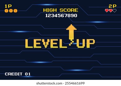 LEVEL UP. pixel art. 8 bit game. Retro Futurism Sci-Fi Background. glowing neon grid and stars from vintage arcade comp