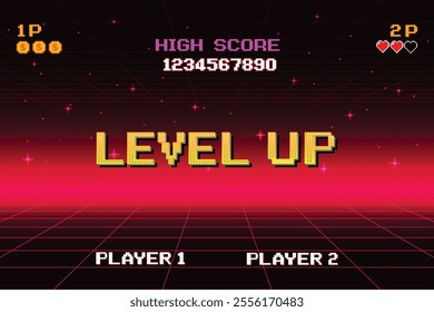 LEVEL UP. pixel art. 8 bit game. Retro Futurism Sci-Fi Background. glowing neon grid and stars from vintage arcade comp