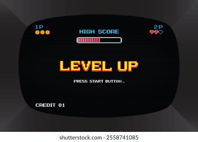 LEVEL UP. pixel art .8 bit game. Retro arcade game machine. Screen background. Vector illustration.